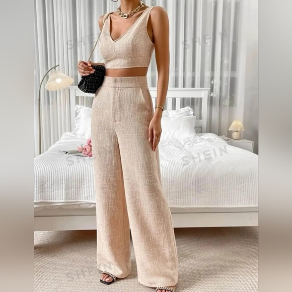 SHEIN Pants - SHIEN Women's Tan Two Piece Wide Leg Pants Set Size M